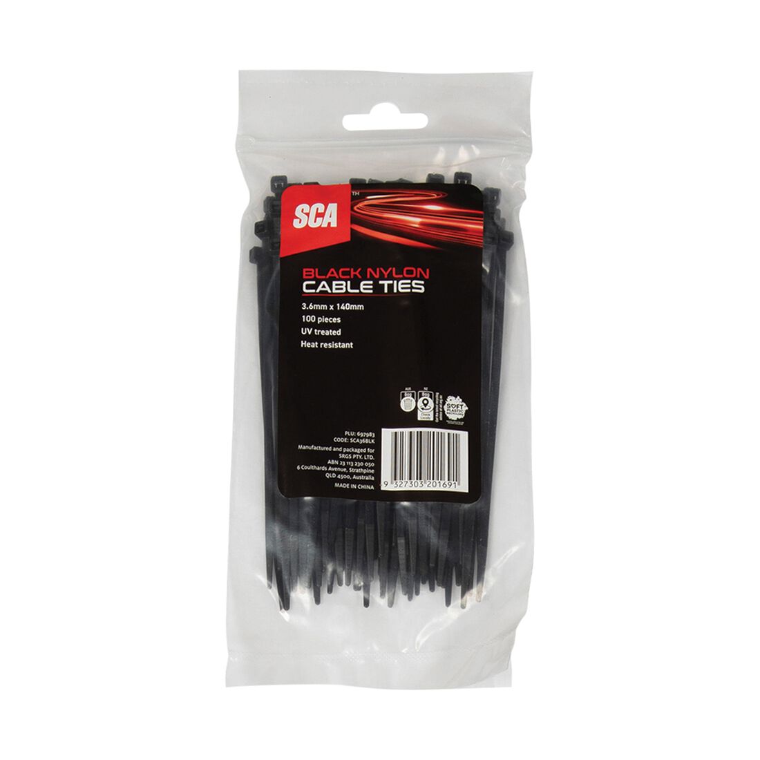 SCA Cable Ties 3.6mm X 140mm, Pack of 100, Black, , scanz_hi-res