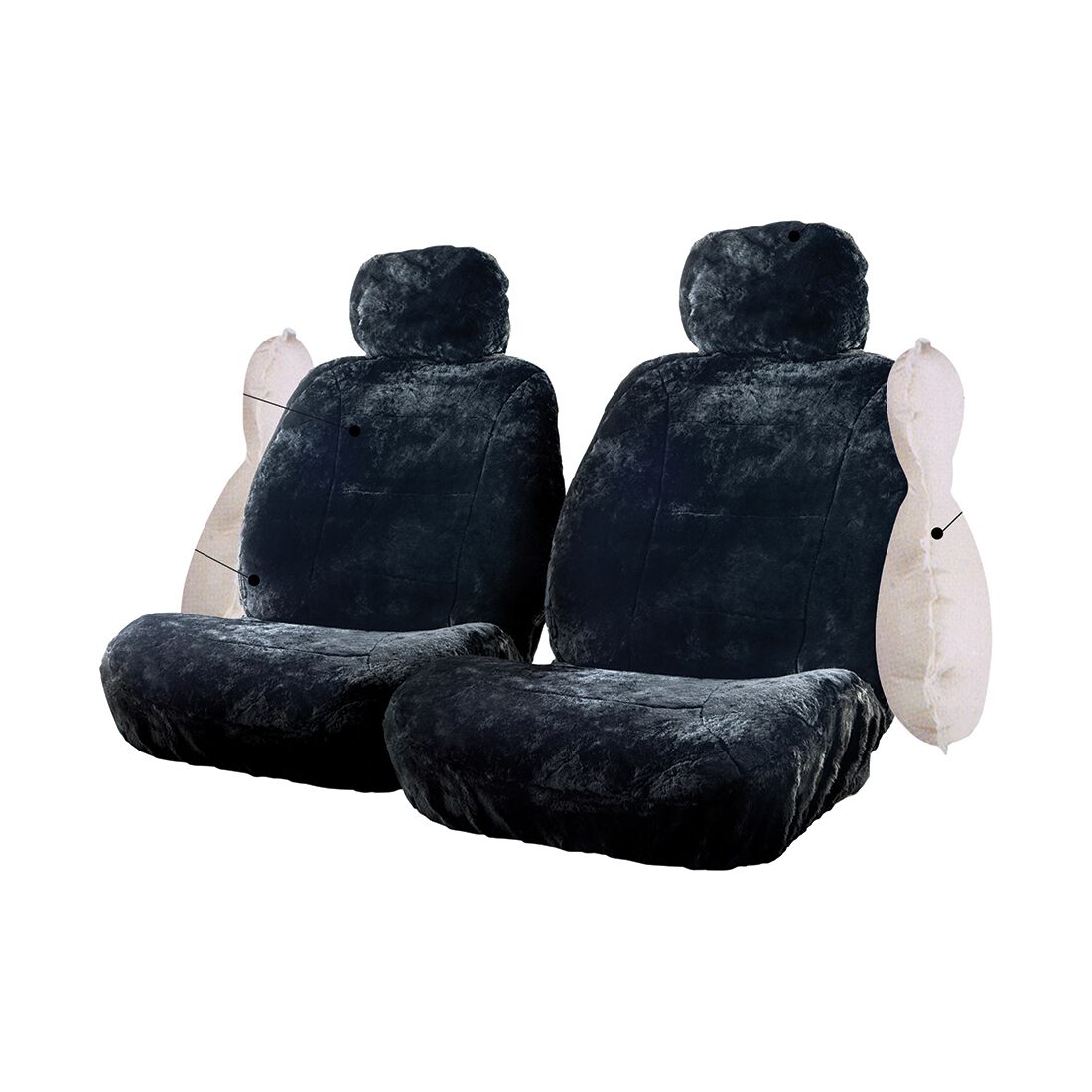 Silver CLOUDLUX Sheepskin Seat Covers - Black Adjustable Headrests Size 30 Airbag Compatible, , scanz_hi-res