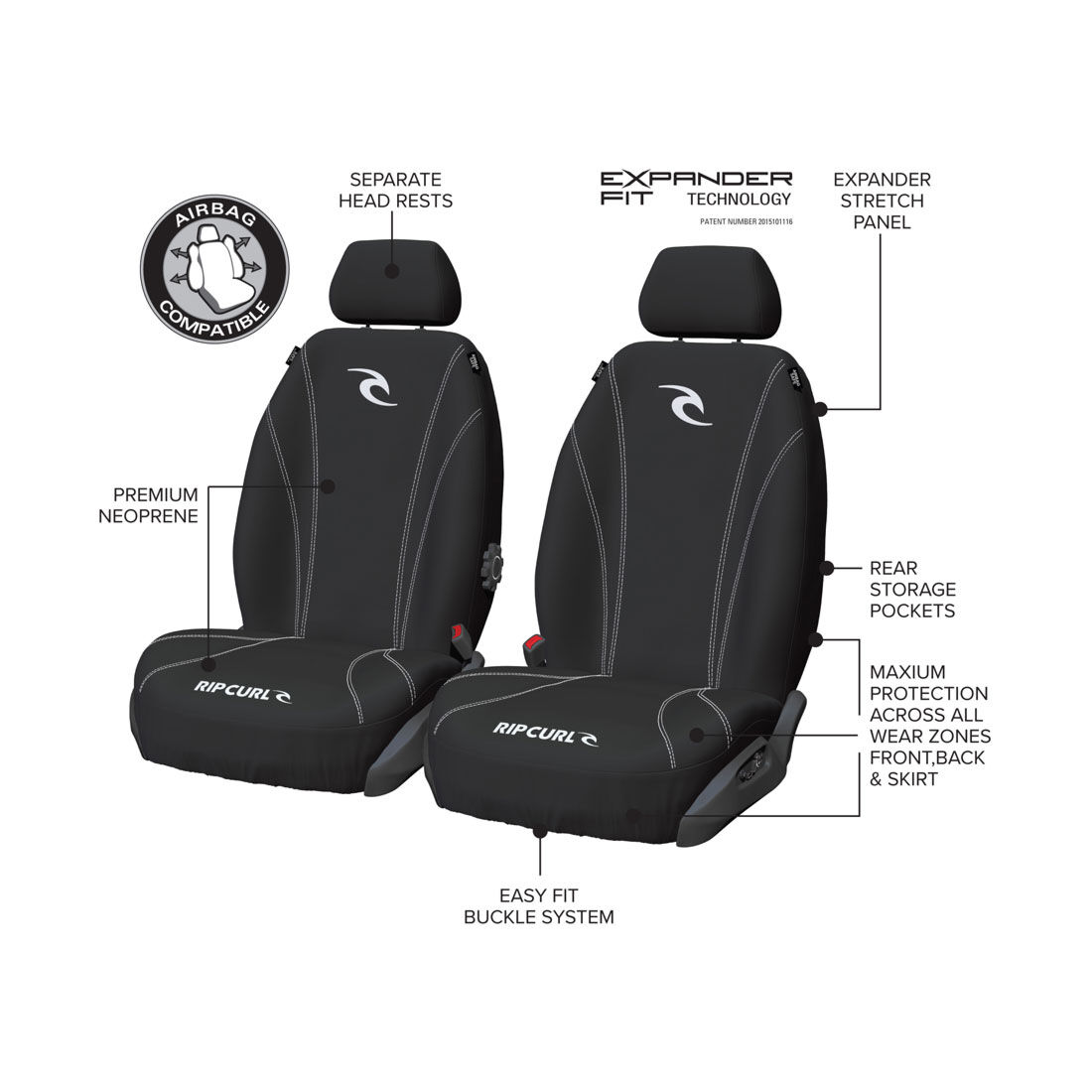 Rip Curl Logo Neoprene Seat Covers White/Black Adjustable Headrests Airbag Compatible, , scanz_hi-res