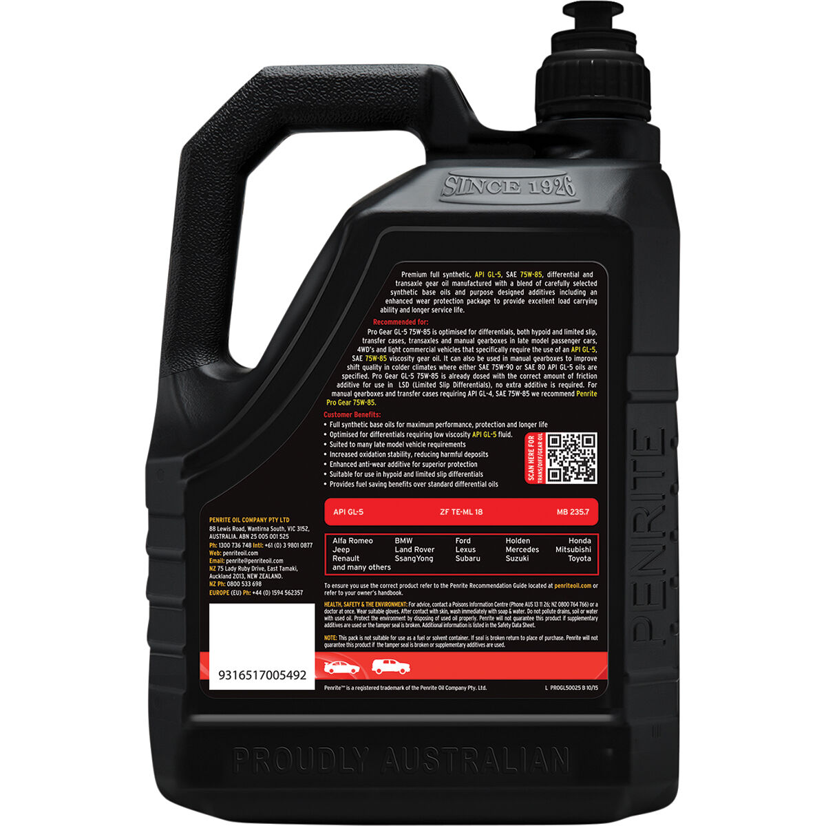 Penrite Pro Gear Oil - GL-5 75W-85 2.5 Litre, , scanz_hi-res