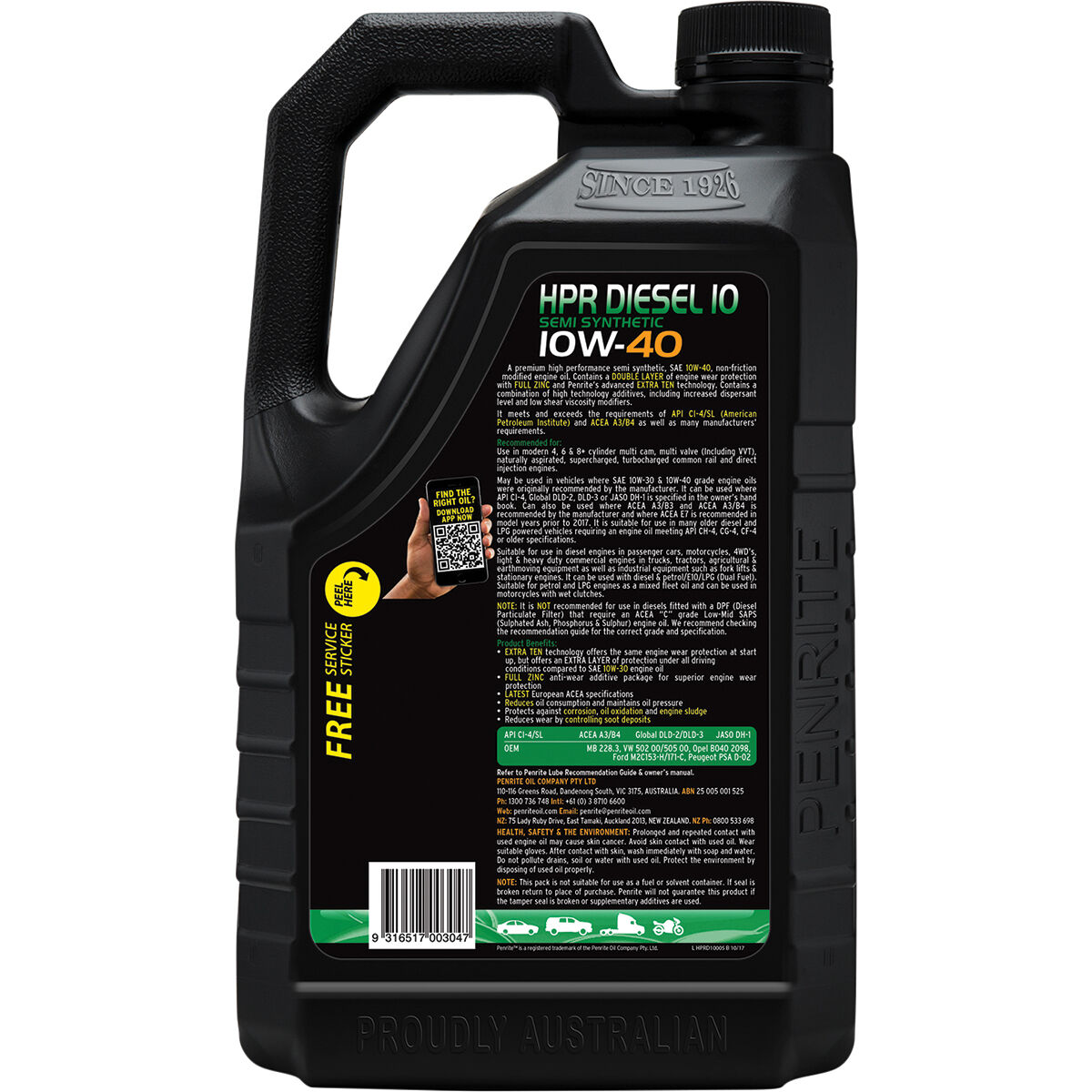 Penrite HPR Diesel 10 Engine Oil - 10W-40, 5 Litre, , scanz_hi-res