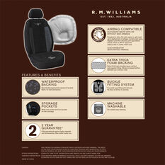 R.M.Williams Suede Velour Seat Covers Black Adjustable Headrests Size 30 Front Pair Airbag Compatible, , scanz_hi-res