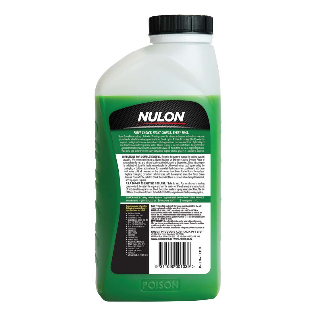 Nulon Green Long Life Anti-Freeze/Anti-Boil Coolant Premix - 1 Litre, , scanz_hi-res