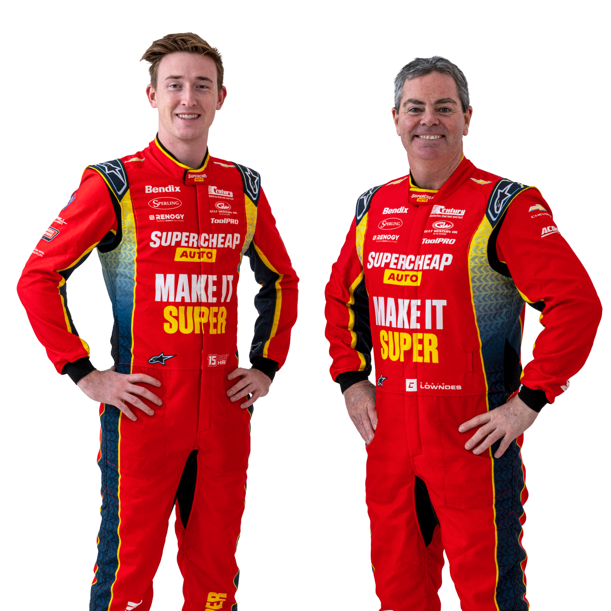 Craig Lowndes and Bayley Hall in Supercheap Auto Racing suits